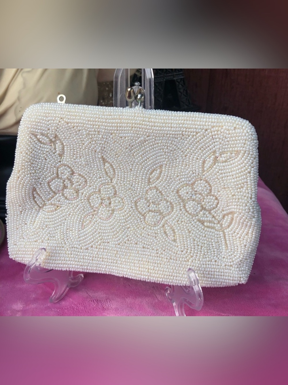 Vintage White micro bead wristlet purse 1950s clutch